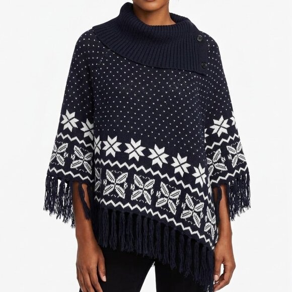 89th & Madison Sweaters - 89th & Madison Black Snowflake Knit Poncho Fringe Tassel Cowl Neck Sweater Med